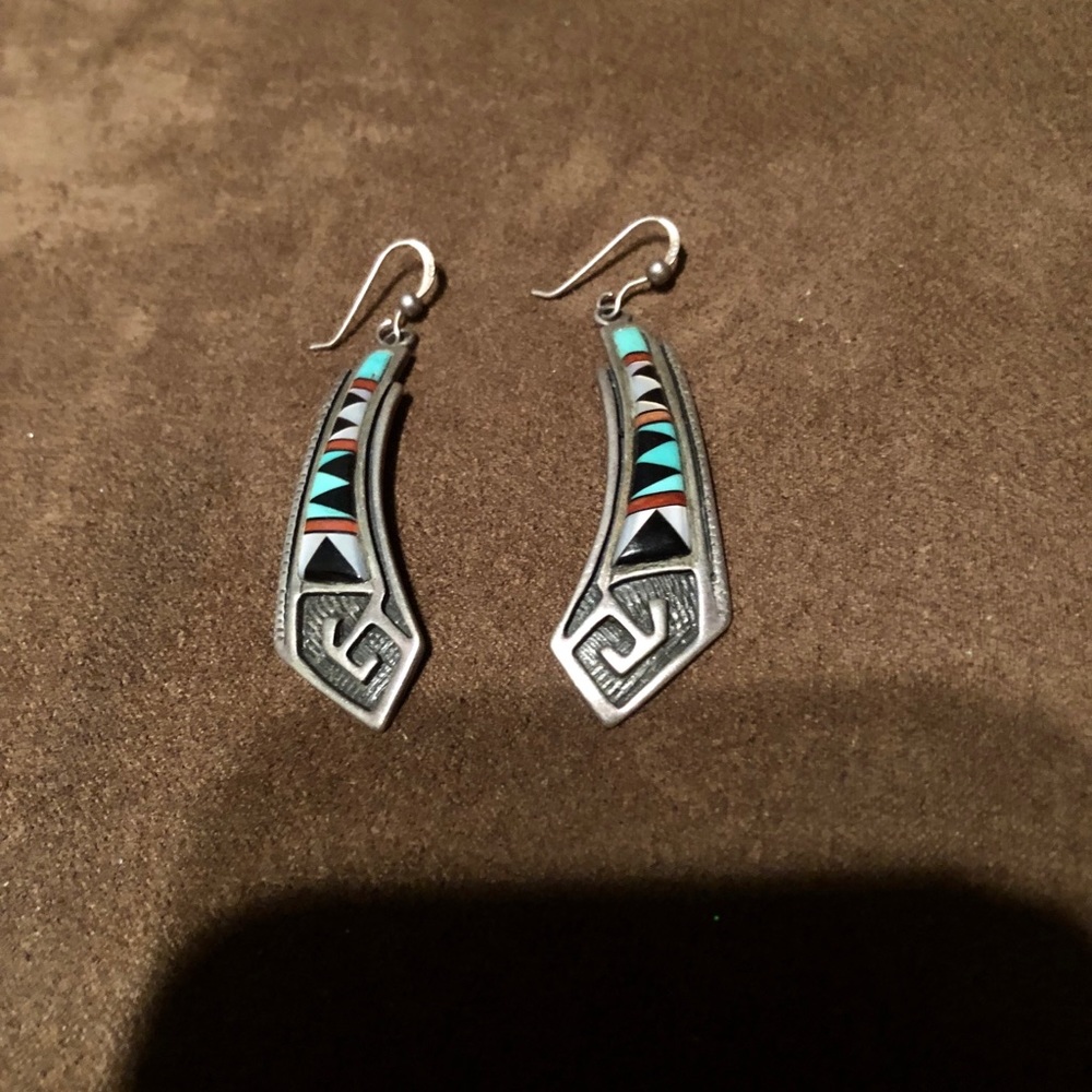 Nat. American silver Zuni gemstone inlaid earrings